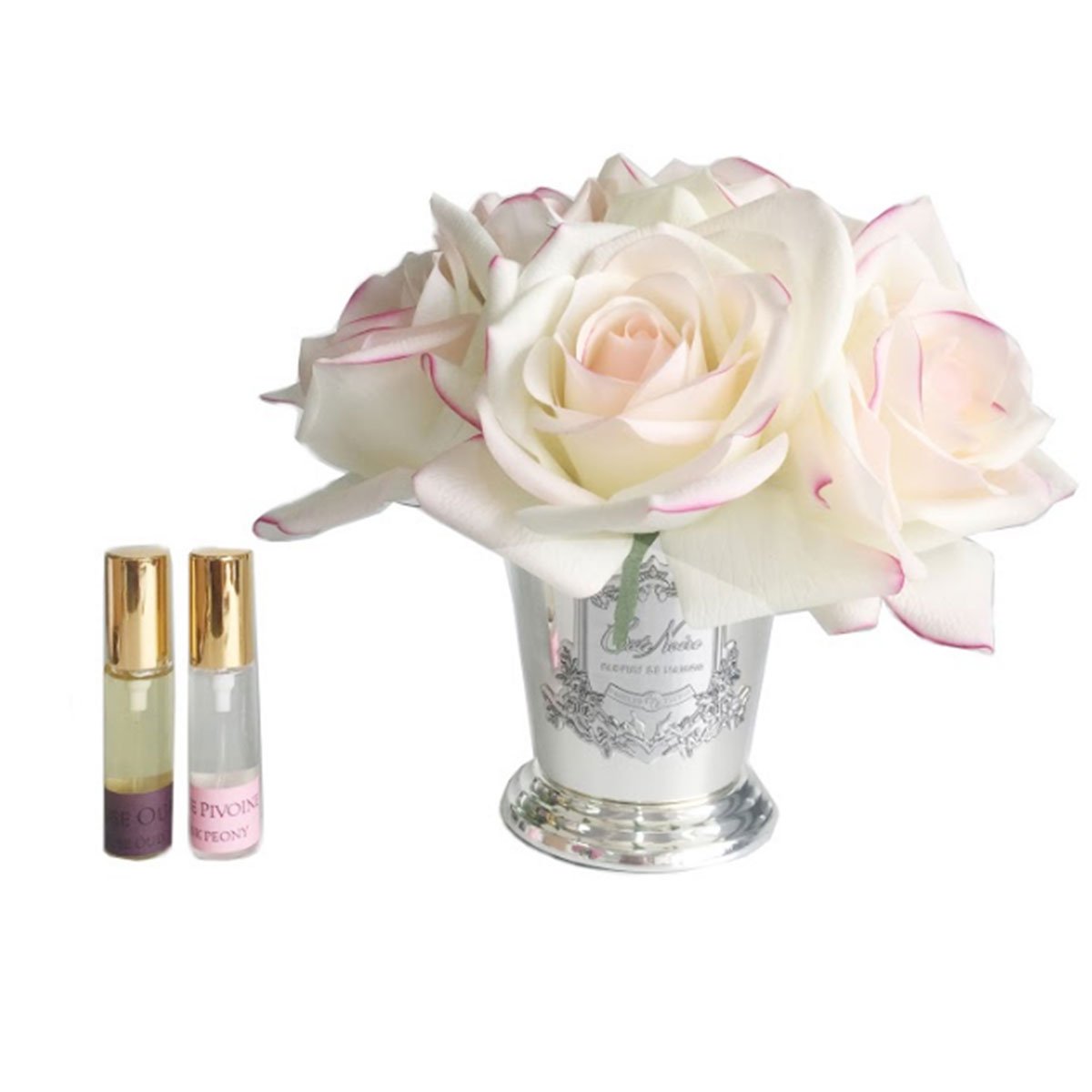 Fiori profumati in seta lavabile, colore rosa, contenitore metallico.