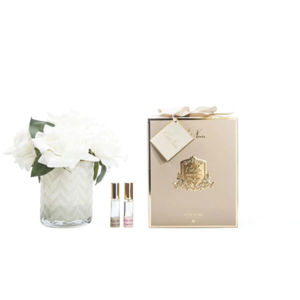 Rose avorio in vaso a spina color Champagne  con 2 profumazioni spray da 10 ml