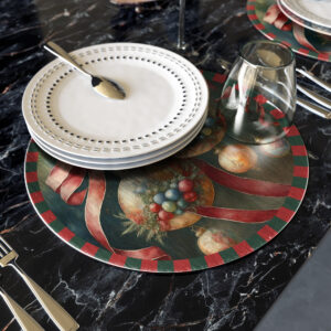 Noel con palle e fiocco rosso tondo